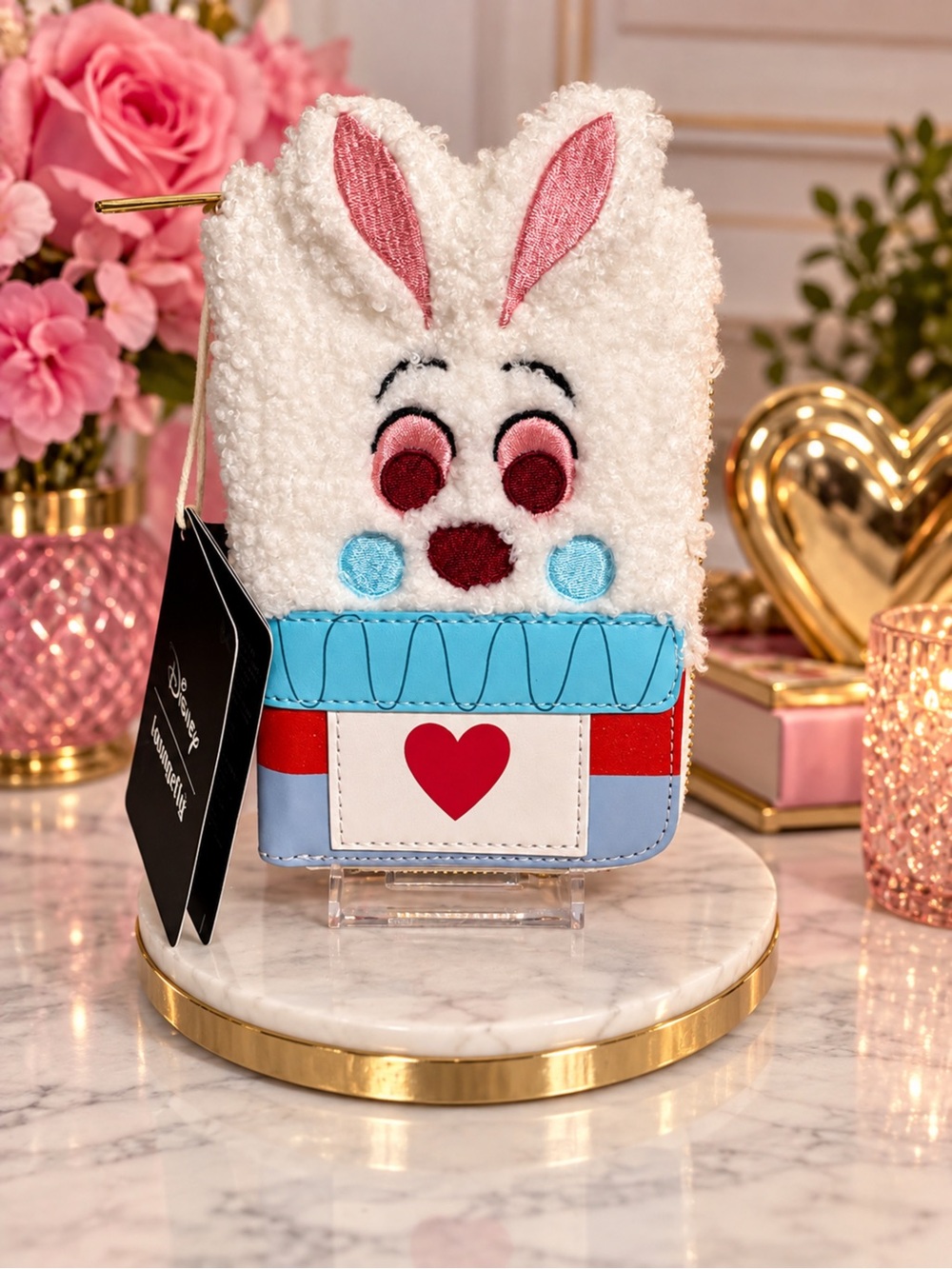 Loungefly White Bunny Plush Card Holder with Pink and Blue Accents